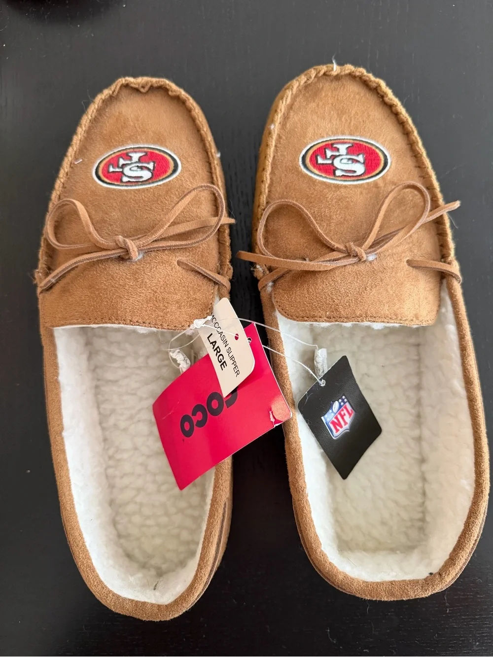 Men's Brown Suede-Look NFL Moccasin Slippers with Sherpa Lining - 49ers